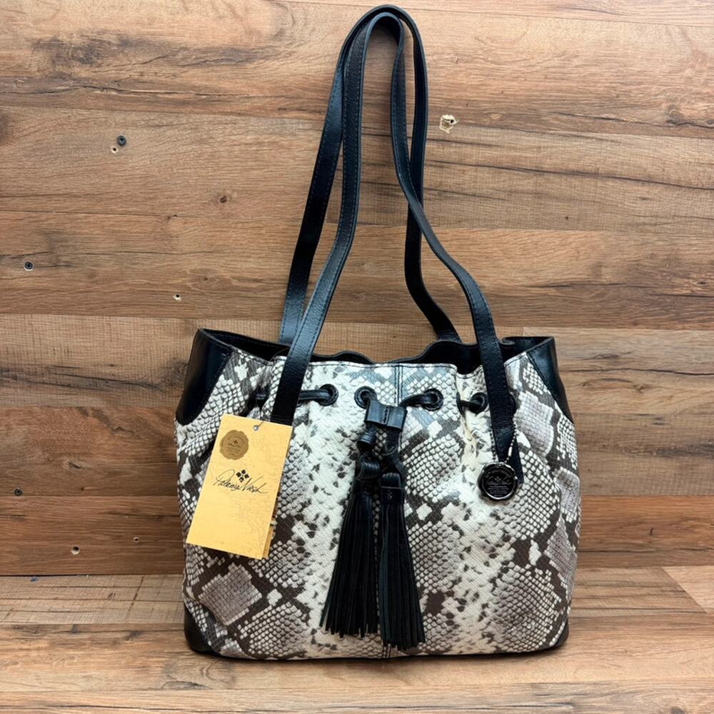 Patricia Nash Leather Drawstring Tassel Witney Tote Bag -White Python Snake